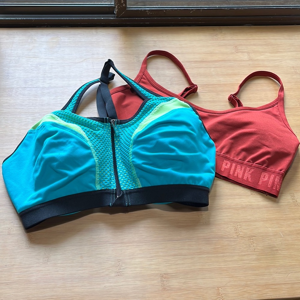 One is an orange PINK size small and a VSX (Victorias Secret) sports bra 34C.